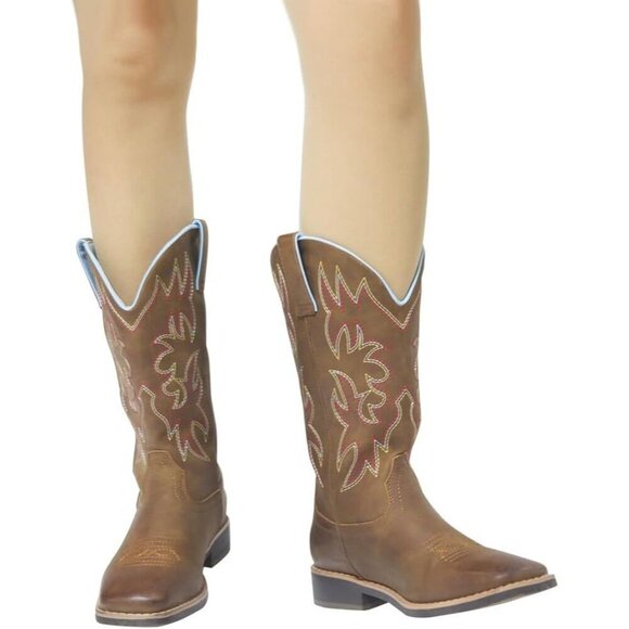 🆕Ladies Brown Embroidered Western Cowboy Boots Mid Calf Square Toe Leather - Picture 7 of 9